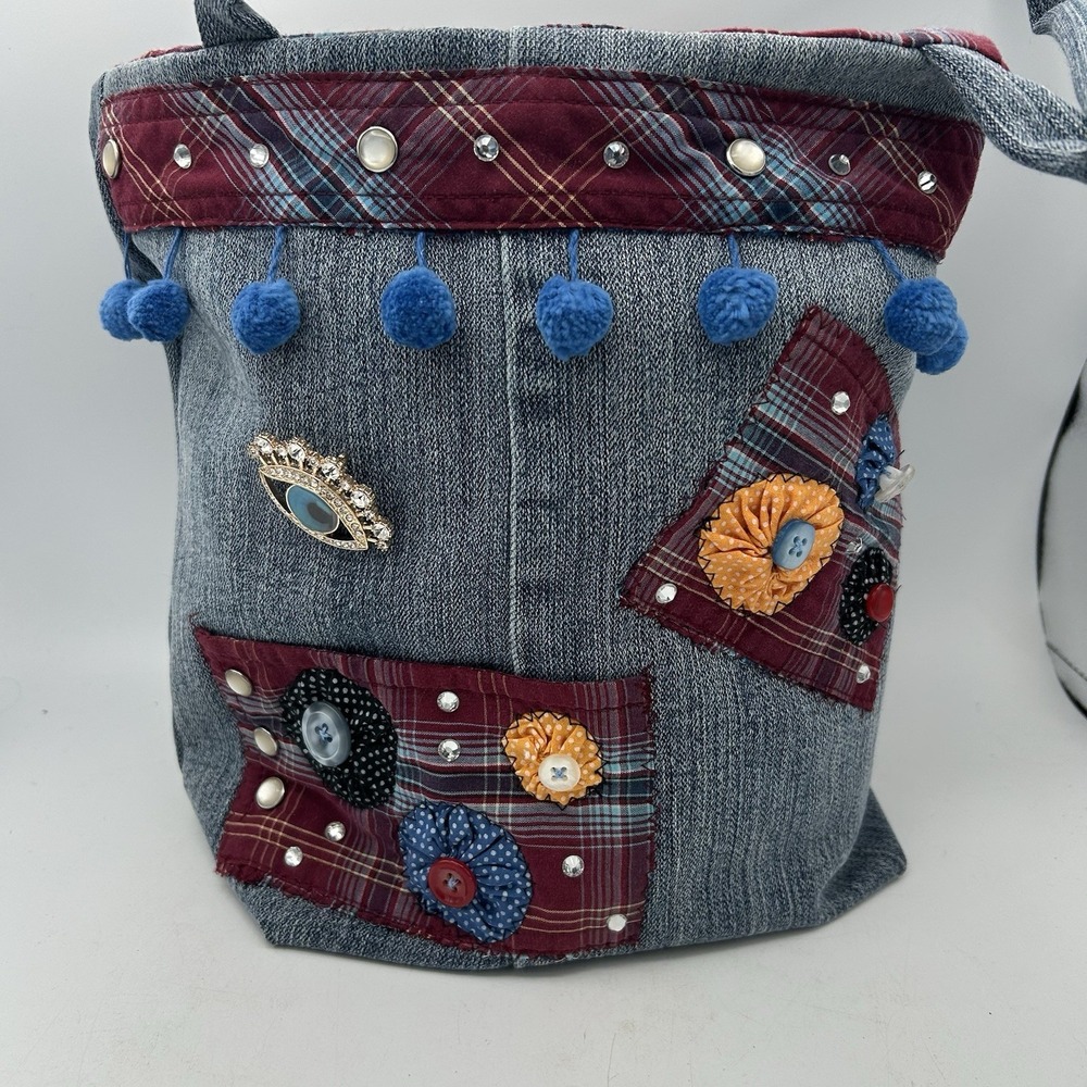 Handmade‎ Denim Jean Bag Tote Purse Boho Upcycled Buttons Rhinestones Pearl